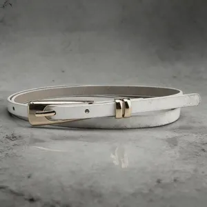 Minimalist white leather belt for women with sleek gold buckle, chic waist accessory.
