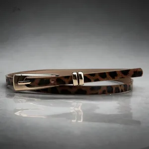 Leopard print thin leather belt detail, elegant gold metal buckle and double loop design.