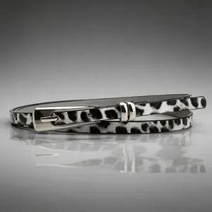 Stylish black and white animal print thin belt with silver buckle for dresses and suits.