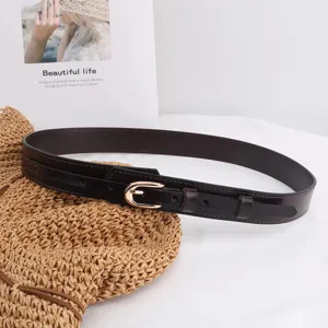 Men's brown PU leather belt with metal pin buckle, casual business jeans belt detail view.
