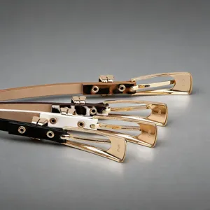 Elegant genuine leather thin belt set with chic gold metal buckles for women dress styling.