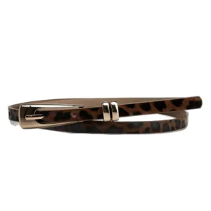 Women thin leopard print leather belt with gold metal buckle for dresses and suits.