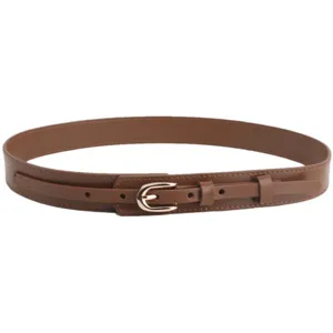 Men's brown PU leather belt detail shot showing golden pin buckle and neat stitching texture.