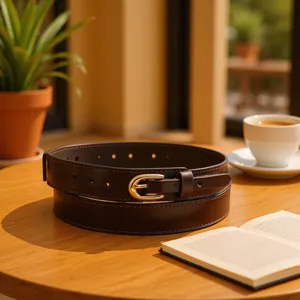 Men's brown PU leather belt with gold pin buckle, business casual dress pants belt for men.