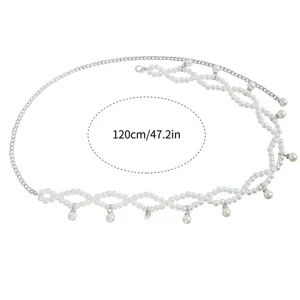 Detail view showing 120cm/47.2in length of bohemian pearl decorative waist chain