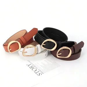 Detailed view of four colorful retro faux leather belts featuring elegant gold oval buckles.