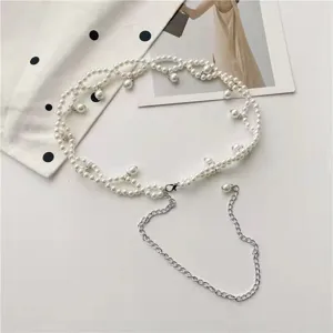 Elegant multi-layer pearl waist chain with silver extender for dress decor