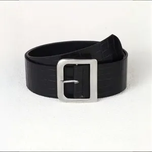 Black wide crocodile pattern belt with silver square buckle, detailed close-up view.