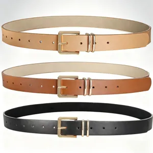Close-up detail of three women's fashion belts featuring gold rectangular buckles and double loops.