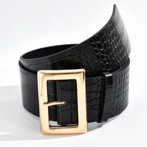 Black crocodile pattern wide belt featuring a large polished gold rectangular buckle accessory detail.
