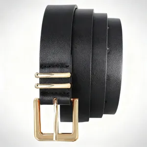 Detailed view of women black leather belt with golden square pin buckle and double loops.