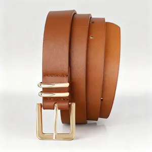 Minimalist brown leather belt for women with elegant golden square pin buckle accessory