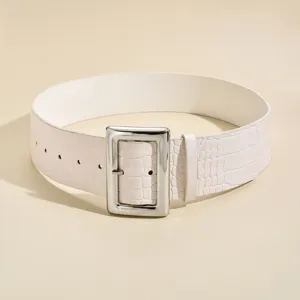Stylish white crocodile pattern wide waist belt featuring a shiny silver square metal buckle.