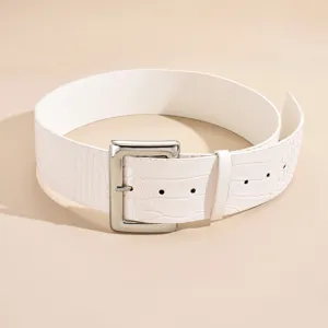 Stylish white crocodile pattern wide belt for women featuring a sleek silver square metal buckle.