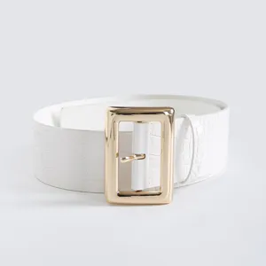 Women white wide waist belt with gold square buckle, fashion crocodile pattern design.