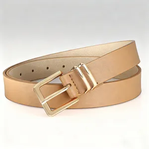 Elegant women's leather belt with a chic gold square buckle and double loops for stylish daily wear.