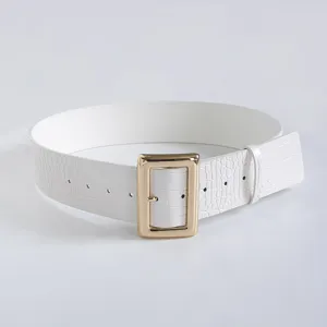 White crocodile pattern wide belt with golden square buckle detail for women fashion.