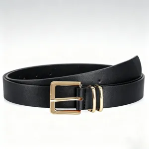 Classic black leather belt with gold square buckle and double loops for women detail view.
