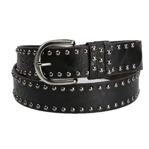 Stylish vintage black leather belt with silver round rivets and horseshoe metal buckle
