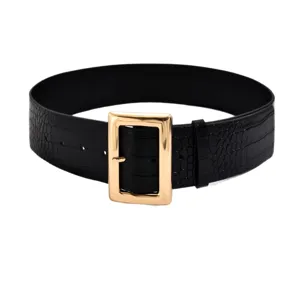 Stylish women's wide black belt featuring a chic crocodile texture and gold square buckle.