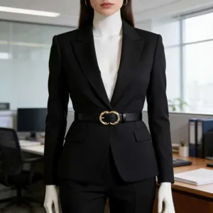 Wide leather belt for women with metal C-buckle, perfect detail view for fashion apparel.