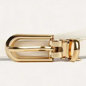 Detailed close-up shot of the elegant white leather belt featuring a polished golden pin buckle.