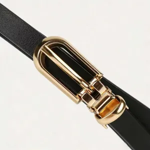 Minimalist women's thin black leather belt with elegant gold metal buckle detail for dresses.