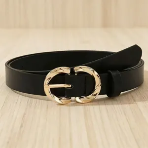 Black leather belt detail showing the stylish gold metal double ring buckle close up