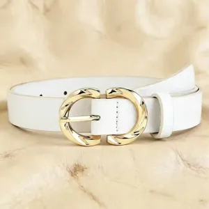 Close-up view of a chic white leather belt highlighting the elegant gold-tone metal buckle detail.