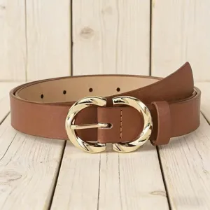 Close-up detail of the brown leather belt featuring a polished golden buckle design.