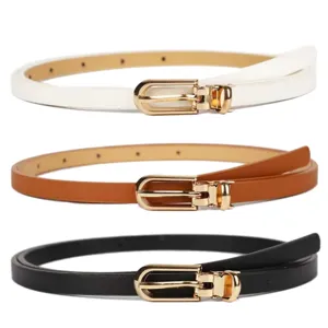 Minimalist women thin leather belt with gold metal pin buckle elegant dress suit strap set