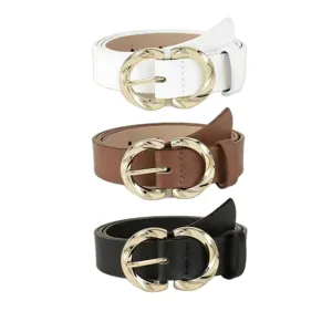 Women fashion waist belt set, elegant metal C-shaped buckle design, casual PU leather straps.