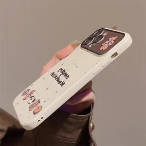 Close-up side view of a cute speckled cream iPhone case featuring a cartoon bear pattern
