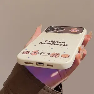 Close-up detail of a cute cream-colored iPhone case with a splattered bear design