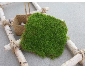 Macro view of artificial green moss block with realistic texture for garden landscaping