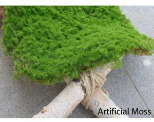 Close-up of realistic artificial green moss sheet for indoor landscape