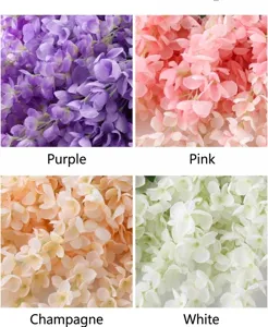 Detailed view of artificial wisteria flowers in purple, pink, champagne, and white colors
