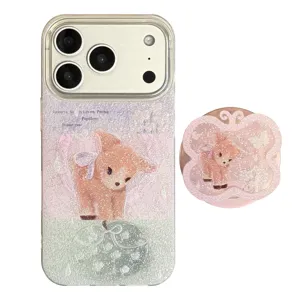 Glinsterende iPhone-hoes met schattig hertenontwerp en bijpassende vlindertelefoonhouder