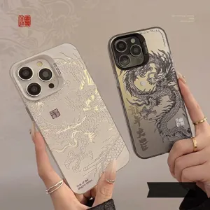Guochao Chinese Draak Laser Spiegel PC Telefoonhoesje Voor IPhone 12 13 14 15 16 Pro Max Plus Valbestendige Harde Schaal