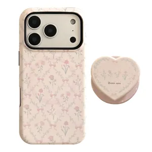 French style pink floral matte phone case with matching heart-shaped grip for iPhone