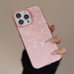 Roze iPhone-hoesje met reliëf, gedetailleerd Chinees drakenmotief en laser-afwerking