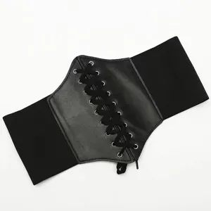 Women Fashion Wide Waist Cincher Corset Belt Faux Leather Elastic Adjustable Lace-Up Slimming Body Shaping Waist Band