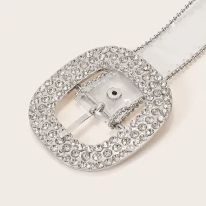 Cinturón fino de PVC transparente para mujer con hebilla redonda de diamantes