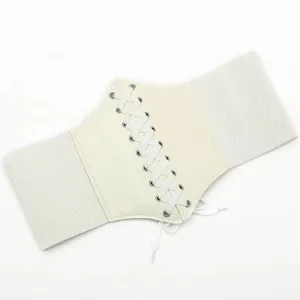 White lace-up corset belt for women, elastic waist cincher with stylish front lacing design.
