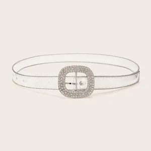 Elegante cinturón de PVC transparente para mujer con hebilla redonda de pedrería brillante