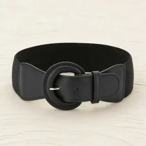 Elegant wide black elastic waist belt featuring a large round buckle detail for women