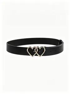 Black PU leather women belt featuring gold interlocking heart buckle detail for stylish look.
