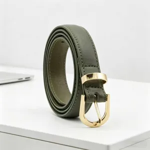 Women green PU leather belt with gold buckle retro slim minimalist belt for jeans casual
