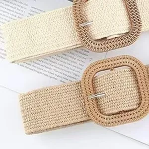 Woven elastic belt for women with stylish square buckle, perfect for dresses and jeans.