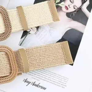 Woven straw belt for women wide elastic waist belt with vintage square buckle stylish accessory